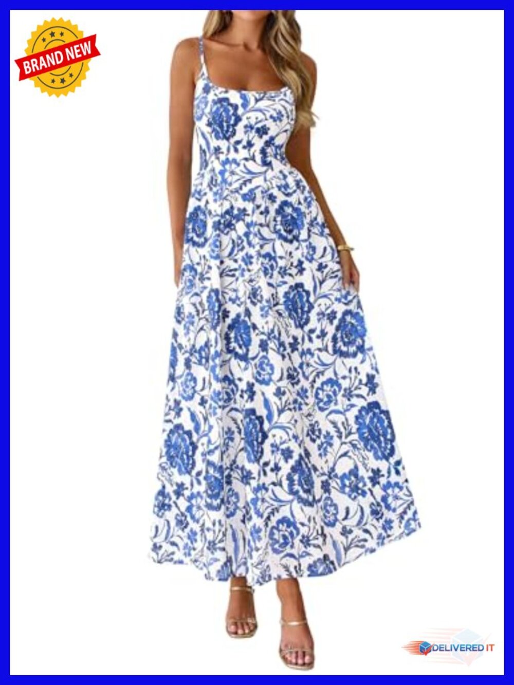 Boho Maxi Dress Square Neck Spaghetti Strap Eyelet Floral Sundress